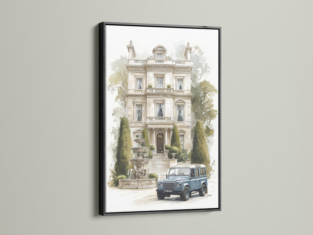 Vintage Anwesen mit Oldtimer - Aquarell Architektur Kunstdruck, Europäische Villa Wanddekoration, Traditioneller Wohndruck