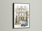 Vintage Anwesen mit Oldtimer - Aquarell Architektur Kunstdruck, Europäische Villa Wanddekoration, Traditioneller Wohndruck