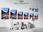 A size comparison chart displayed in an interior setting. The chart showcases various sizes for mountain chalet artwork. Options include canvas prints and fine art posters. This snowy Alps landscape is perfect for any room. Find the ideal size for your space.