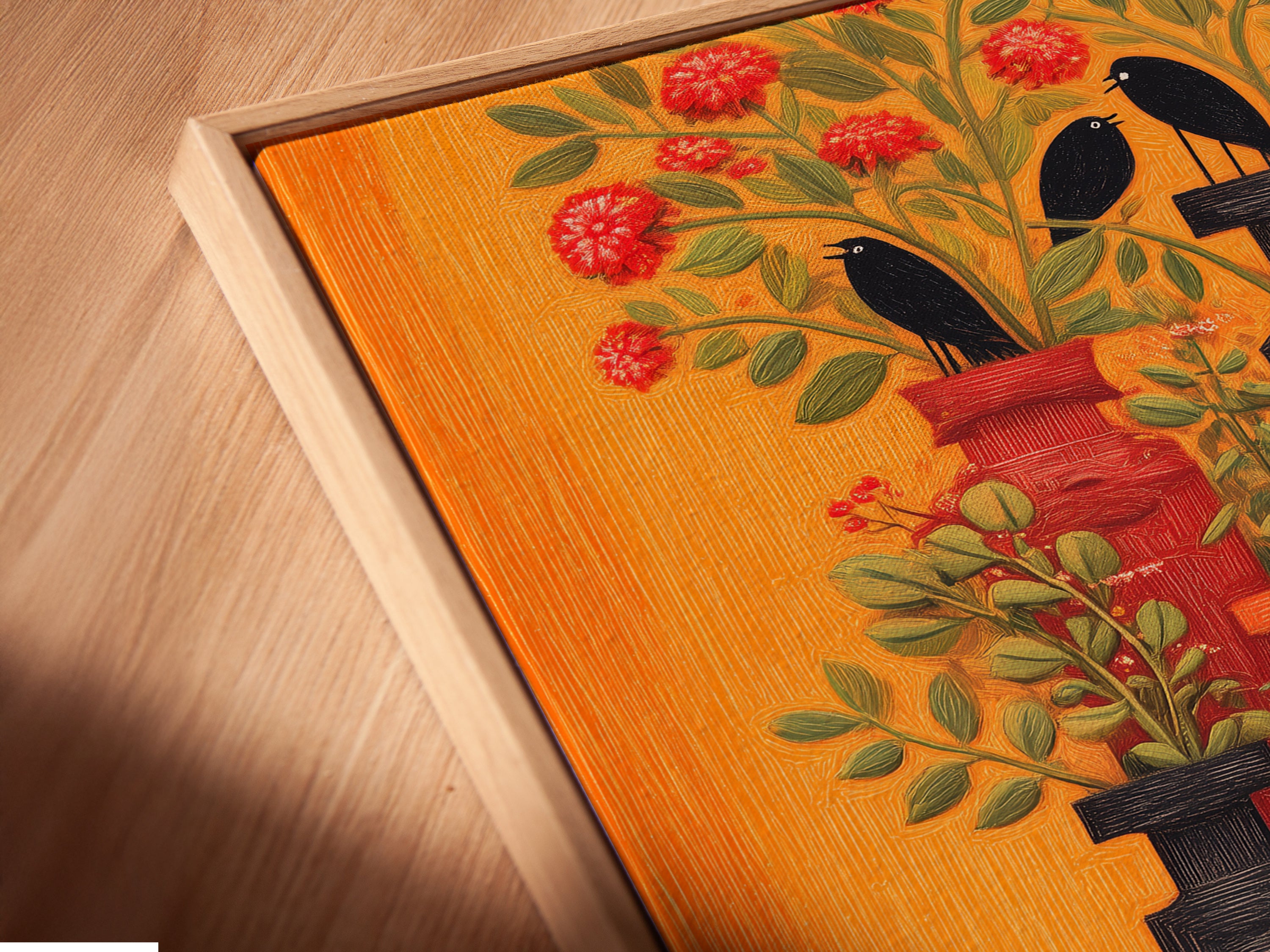 Angled close-up of a Botanical Birds canvas print in a floating frame. The retro floral wall art features an orange and red birdhouse artwork. Perfect eclectic decor for a living room.