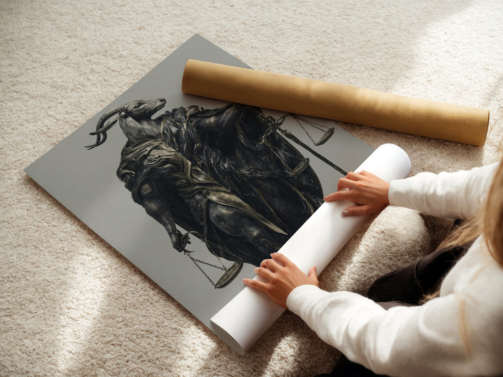 A woman is rolling a fine art poster paper. This poster features the Justice Scales Goat artwork. It is a surreal legal art print. Great for adding a dark fantasy touch to your office or study room decor.
