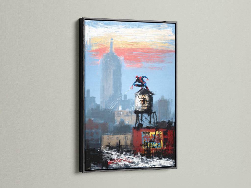 Modern city skyline poster featuring a superhero on a water tower is presented in a sleek black frame. The contrasting frame enhances the artwork's bold colors. An ideal choice for contemporary art lovers.