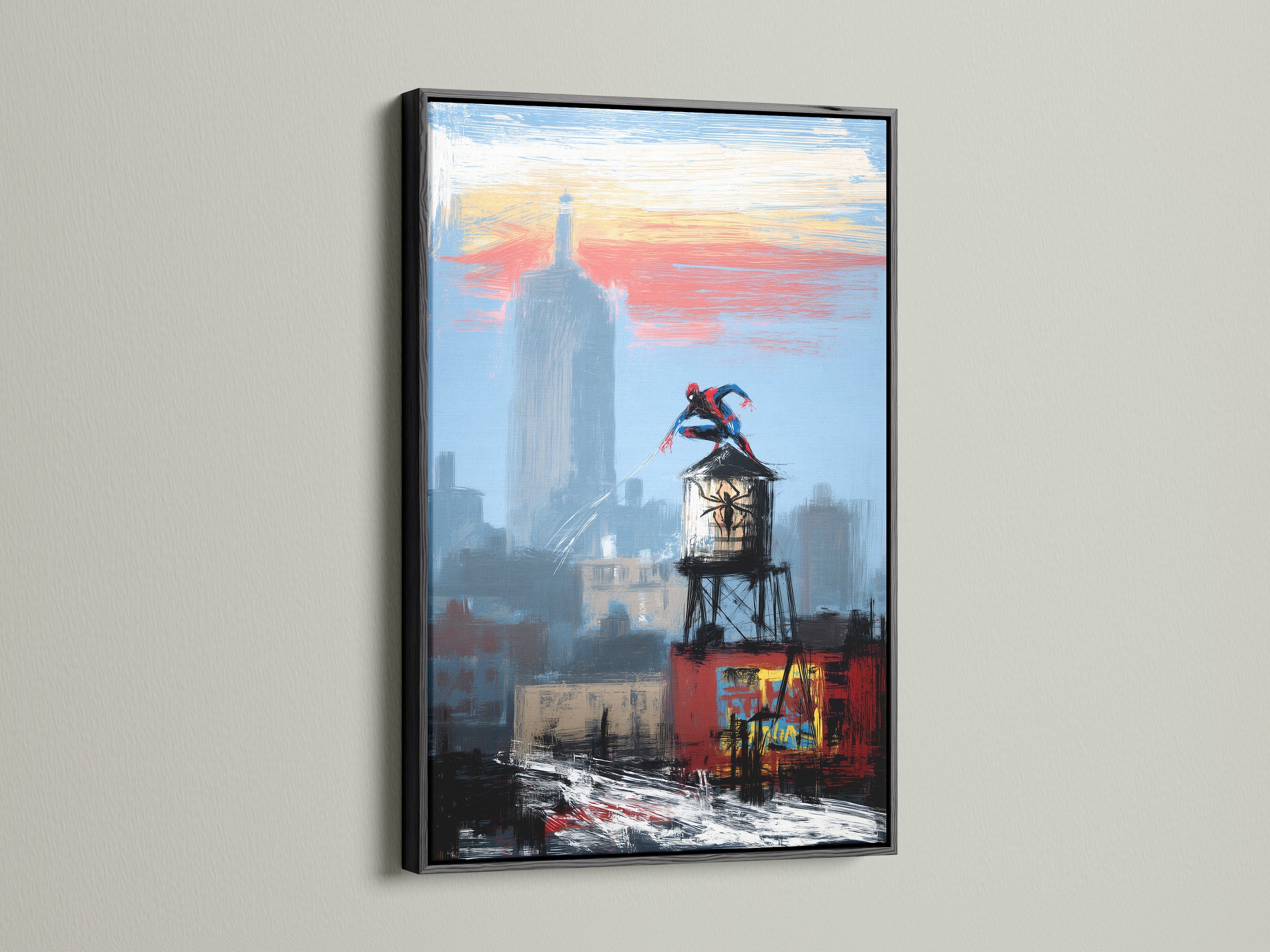 Modern city skyline poster featuring a superhero on a water tower is presented in a sleek black frame. The contrasting frame enhances the artwork's bold colors. An ideal choice for contemporary art lovers.