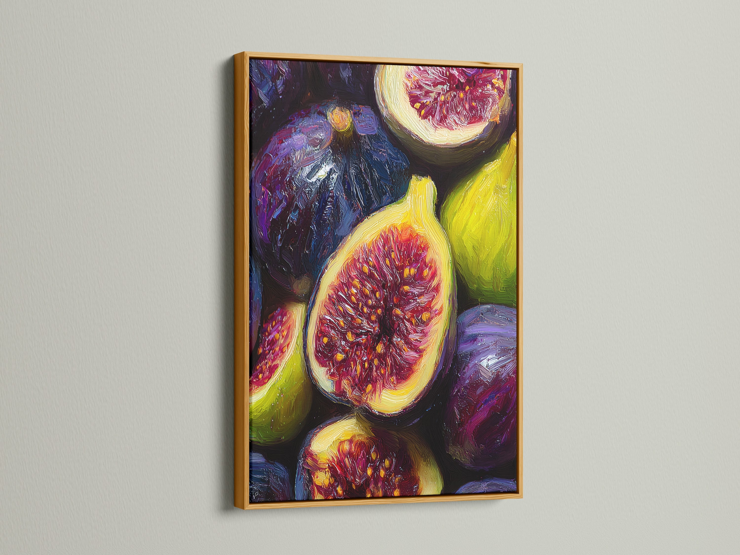 This art piece is presented in a gold frame. The print is a luscious fig still life. The gold frame adds a touch of luxury. This is a stylish choice to elevate your home decor. It brings warmth to any space.