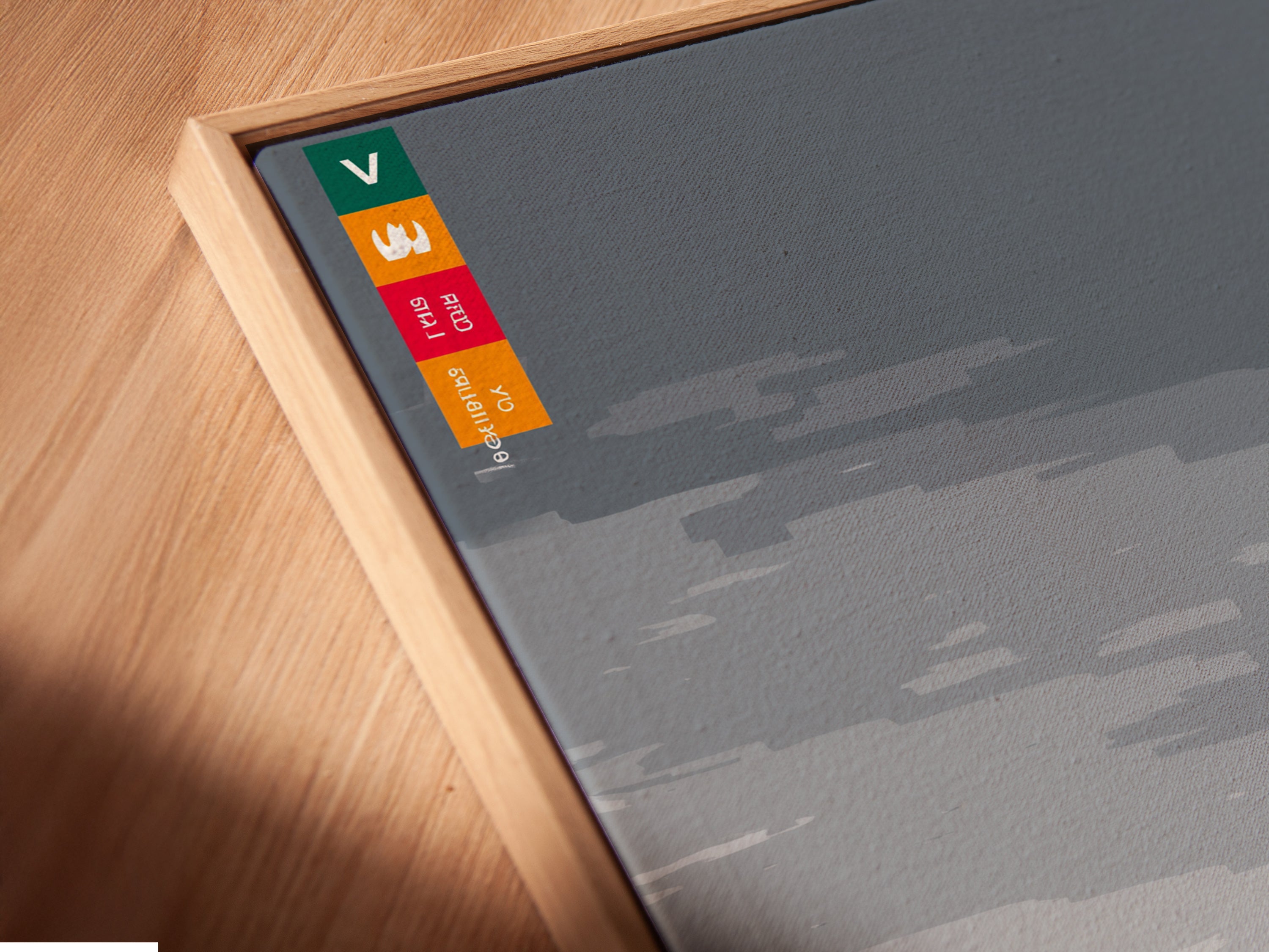 A close-up of a canvas print in a floating frame. The artwork features a giraffe with a city skyline and sailboats. The floating frame enhances the modern feel. It makes this piece a standout wall decor choice.