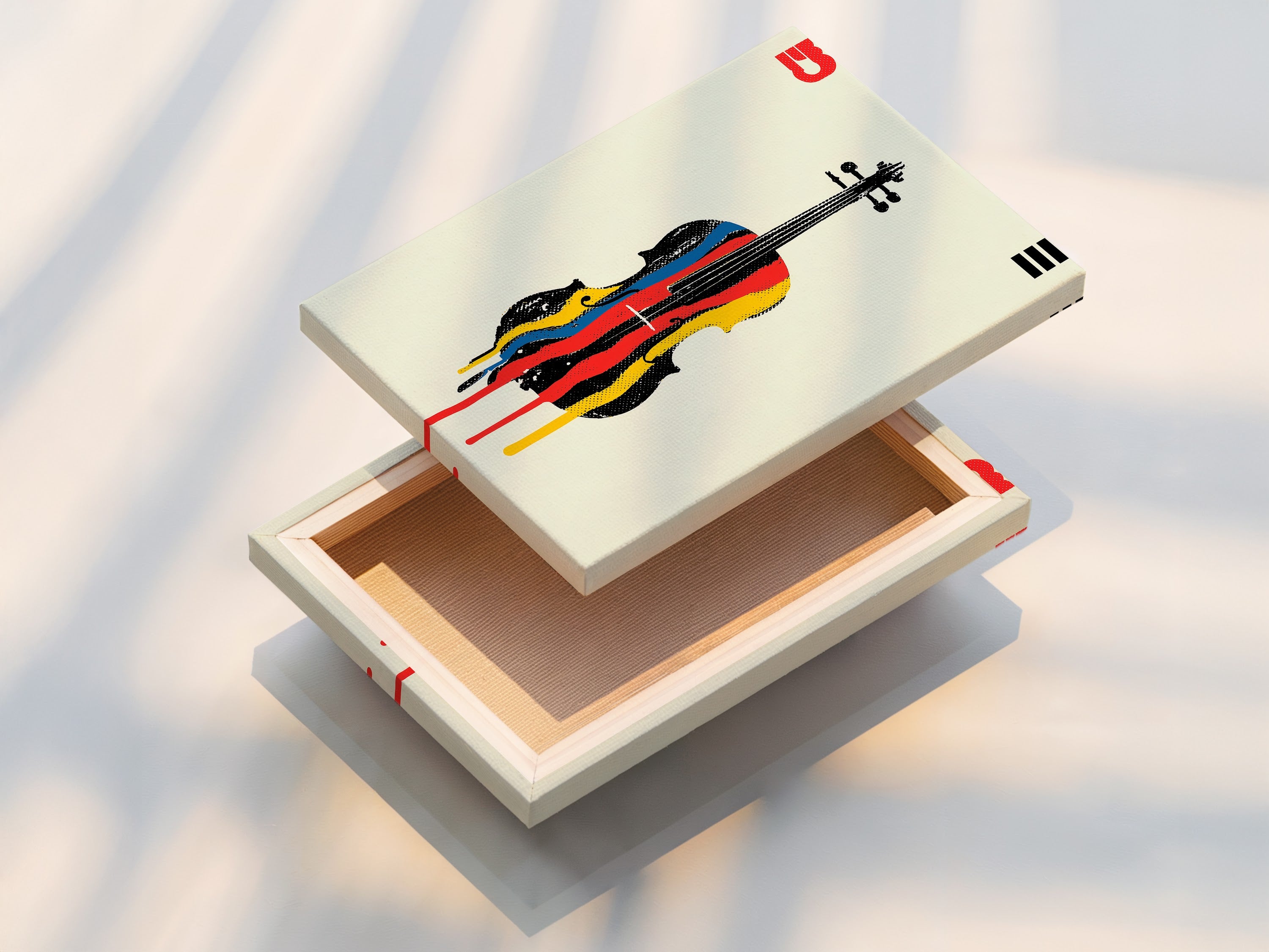 This stretched canvas print showcases the abstract violin artwork beautifully. The colorful orchestra art is ready to hang in your music room. The stretched canvas provides a gallery wrapped look. It will add a modern touch to your decor