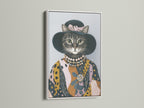 A dressed cat print displayed in a white frame. This whimsical wall art brings a smile to your face. The cat canvas print is perfect for a modern style. Add feline art to your living room.