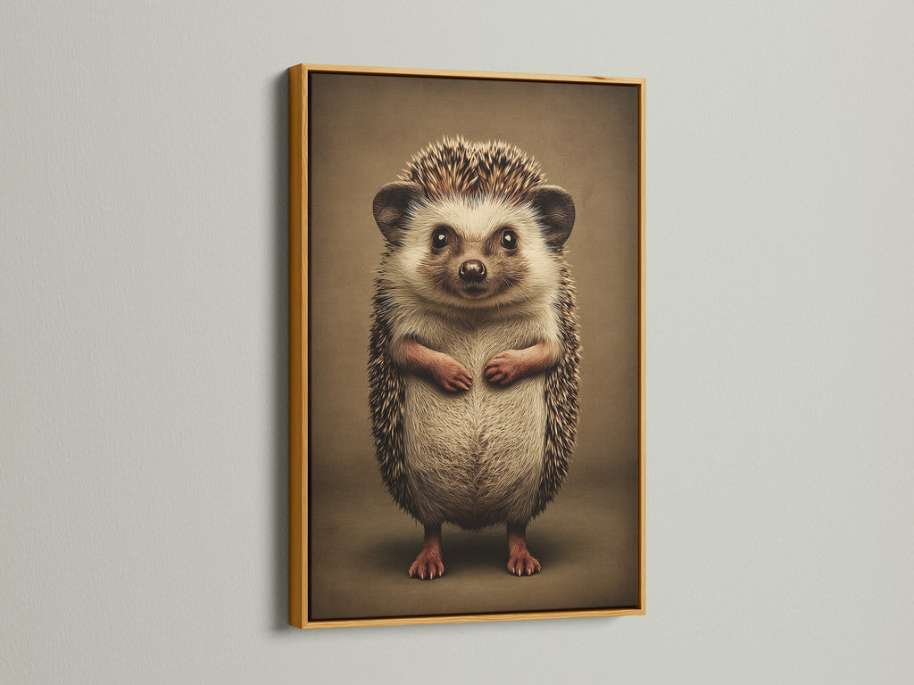Close-up of a cute hedgehog art print in a gold frame. This woodland animal canvas art will look great in any room. This beige artwork is great for a baby room. Perfect for Scandinavian style.