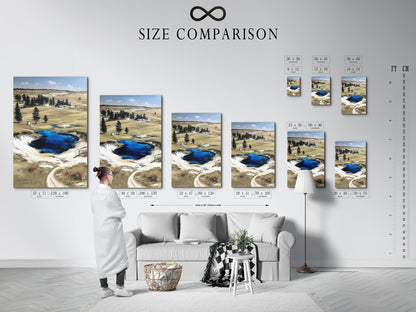 Size comparison chart in interior. It shows Wyoming landscape artwork options. The Grand Prismatic Springs Yellowstone National Park poster is available in various sizes. Nature wall art fits rustic farmhouse neutral or nature-inspired styles. Elevate your office decor.