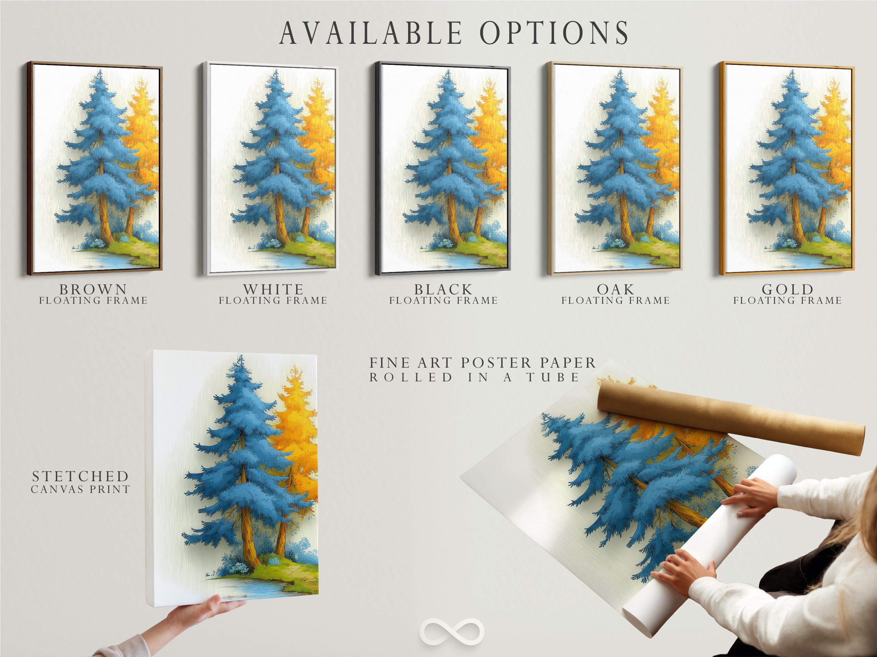 Available options include a stretched canvas print fine art poster paper and floating frame. Select the perfect format for your Blue Forest artwork. Each option offers a unique aesthetic. The stretched canvas is ready to hang. The poster paper allows for custom framing. The floating frame adds a touch of elegance. Choose what suits your style.