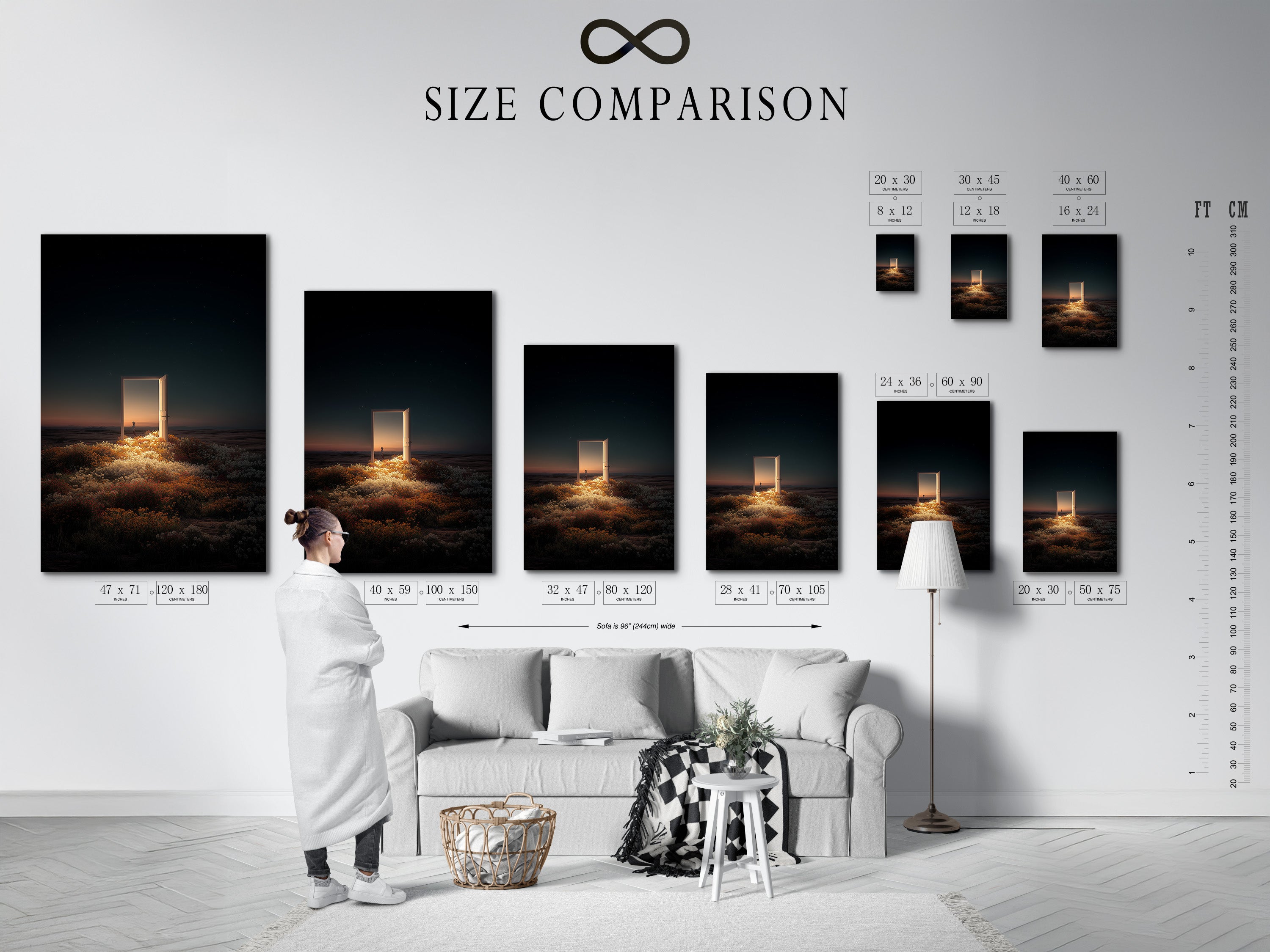 Size comparison chart in interior. The chart shows the different sizes available. It helps customers visualize the artwork in their space. The interior setting provides context. It shows how the art fits into a room.