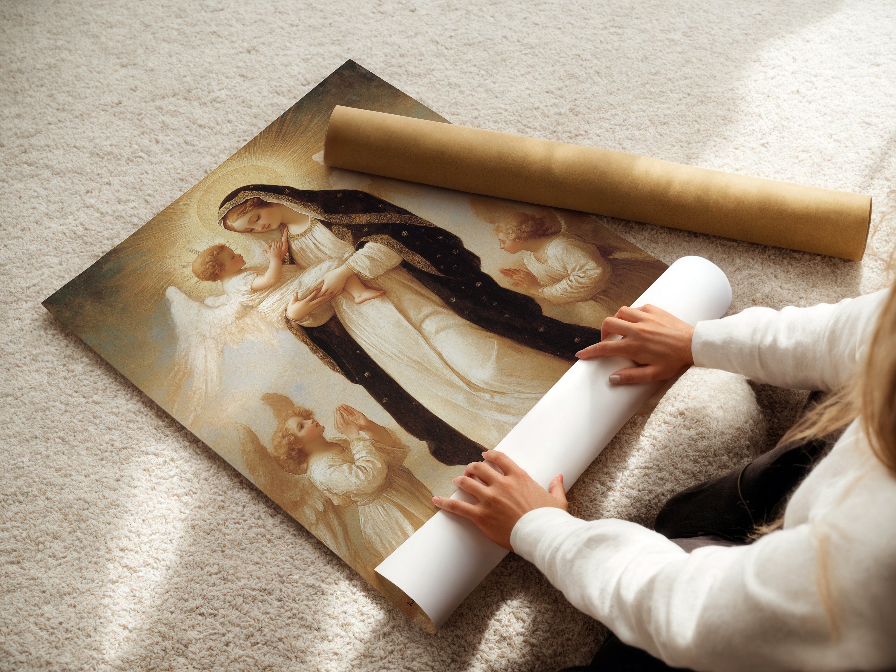 A woman is carefully rolling a fine art poster paper. The paper is of high quality and ready for framing. This showcases the care and attention to detail. Each print is handled with precision.