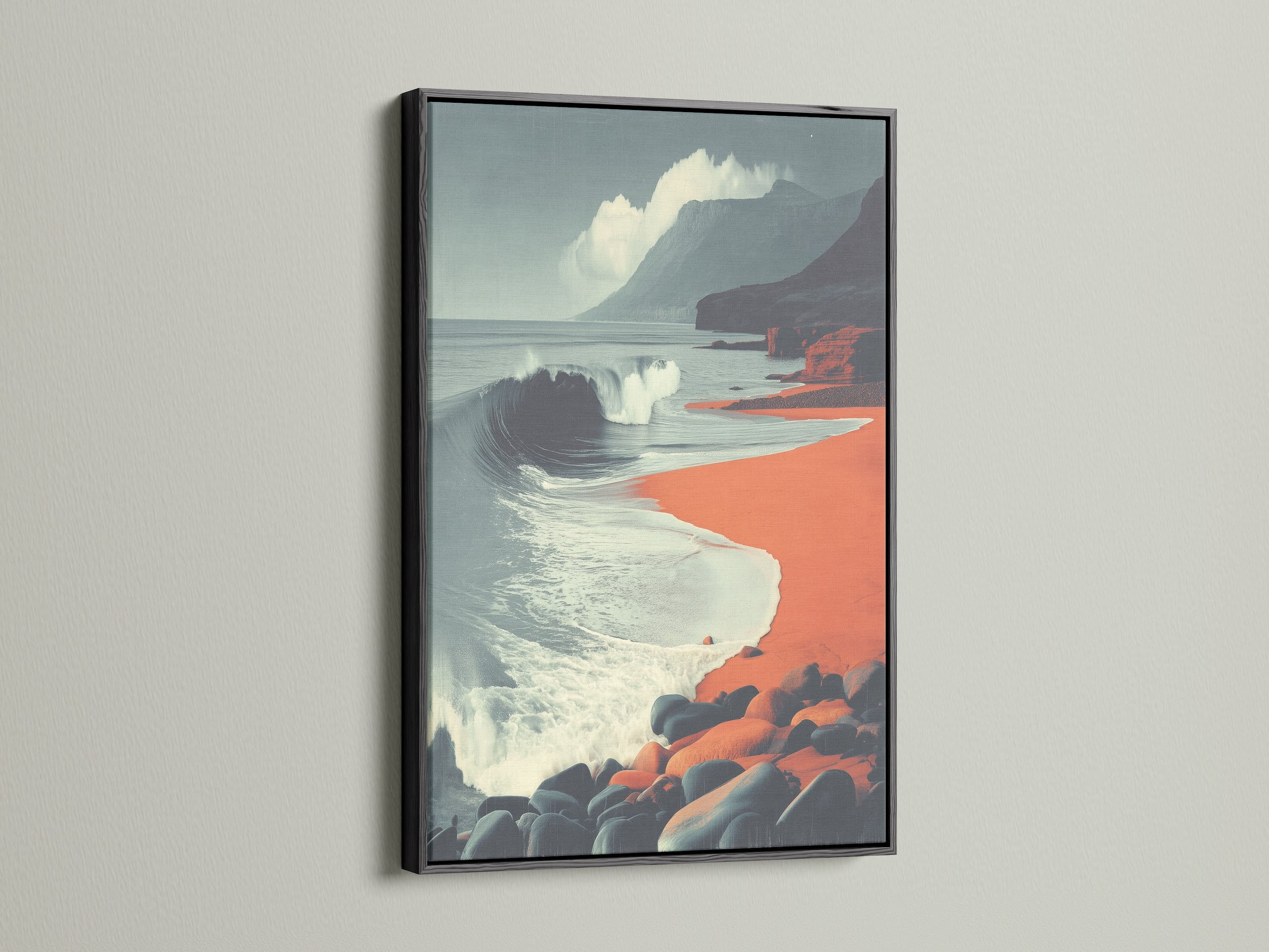 This modern Coastal Wave artwork is in a black frame. The artwork makes a bold statement on any wall. The canvas art is perfect for minimalist and coastal styles. Enhance your home with this ocean wave art.