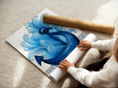 A woman carefully rolling a fine art poster paper print. She is preparing a navy blue anchor artwork. This coastal artwork is perfect for nautical themes. The fine art poster ensures high-quality details. Ideal for ocean canvas art enthusiasts. Perfect for enhancing any space with maritime art.