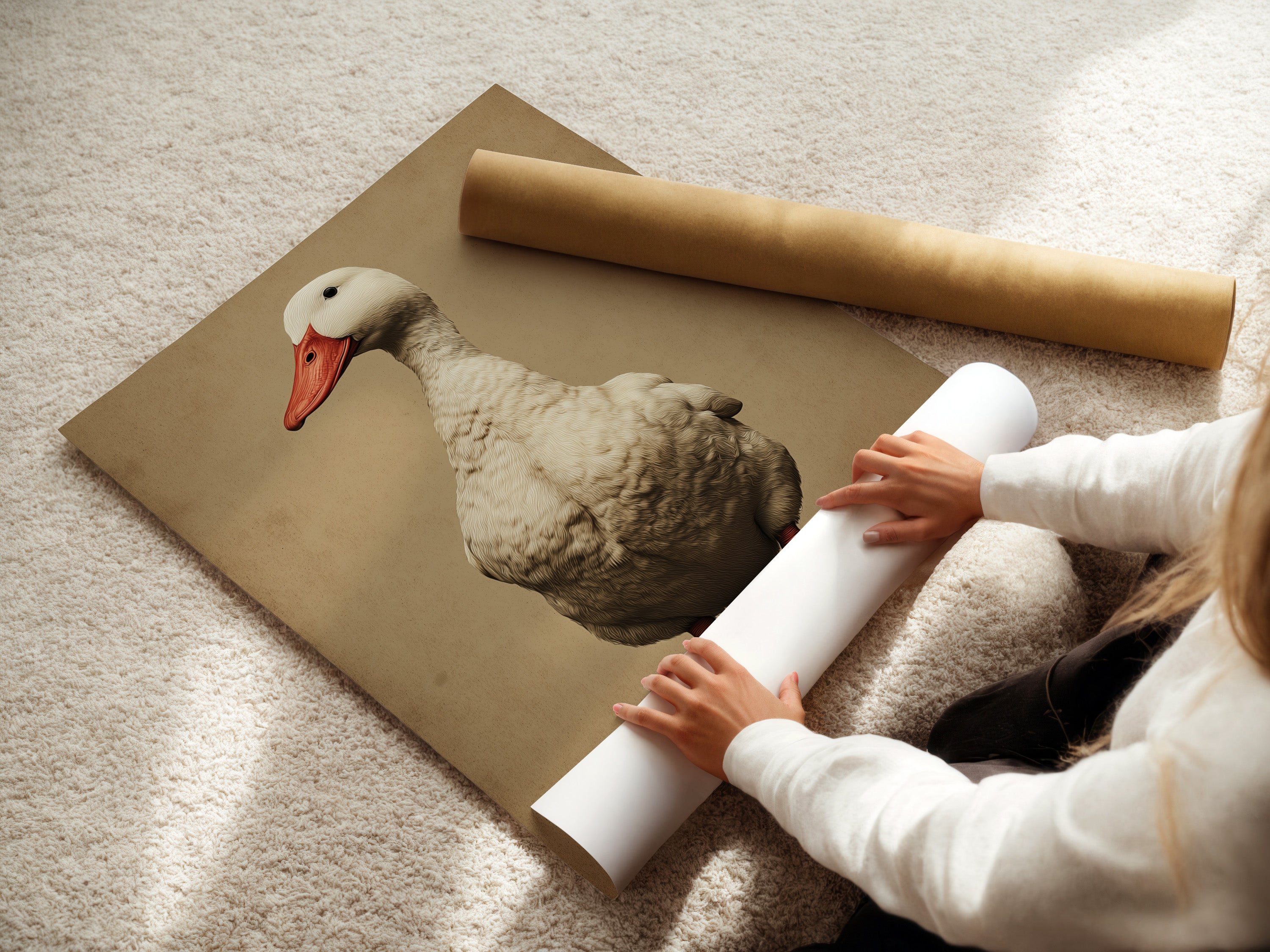 A woman is carefully rolling a fine art poster paper. Preparing a vintage duck artwork print for display. This ensures a pristine presentation of the farmhouse goose wall art. Ideal for rustic animal artwork and kitchen wall decor.