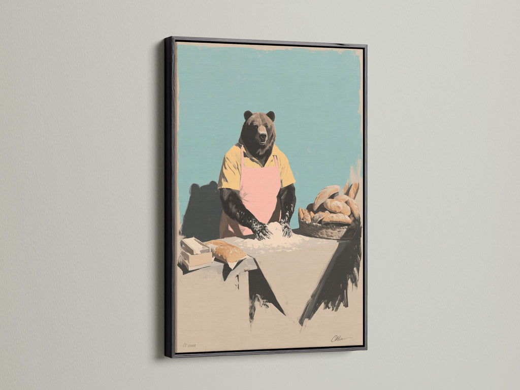 A black frame enhances this bear baker artwork. It's a great piece of quirky wall art. This kitchen canvas art brings culinary charm to your home. Perfect for food art enthusiasts and bakery lovers. The style is country and farmhouse.