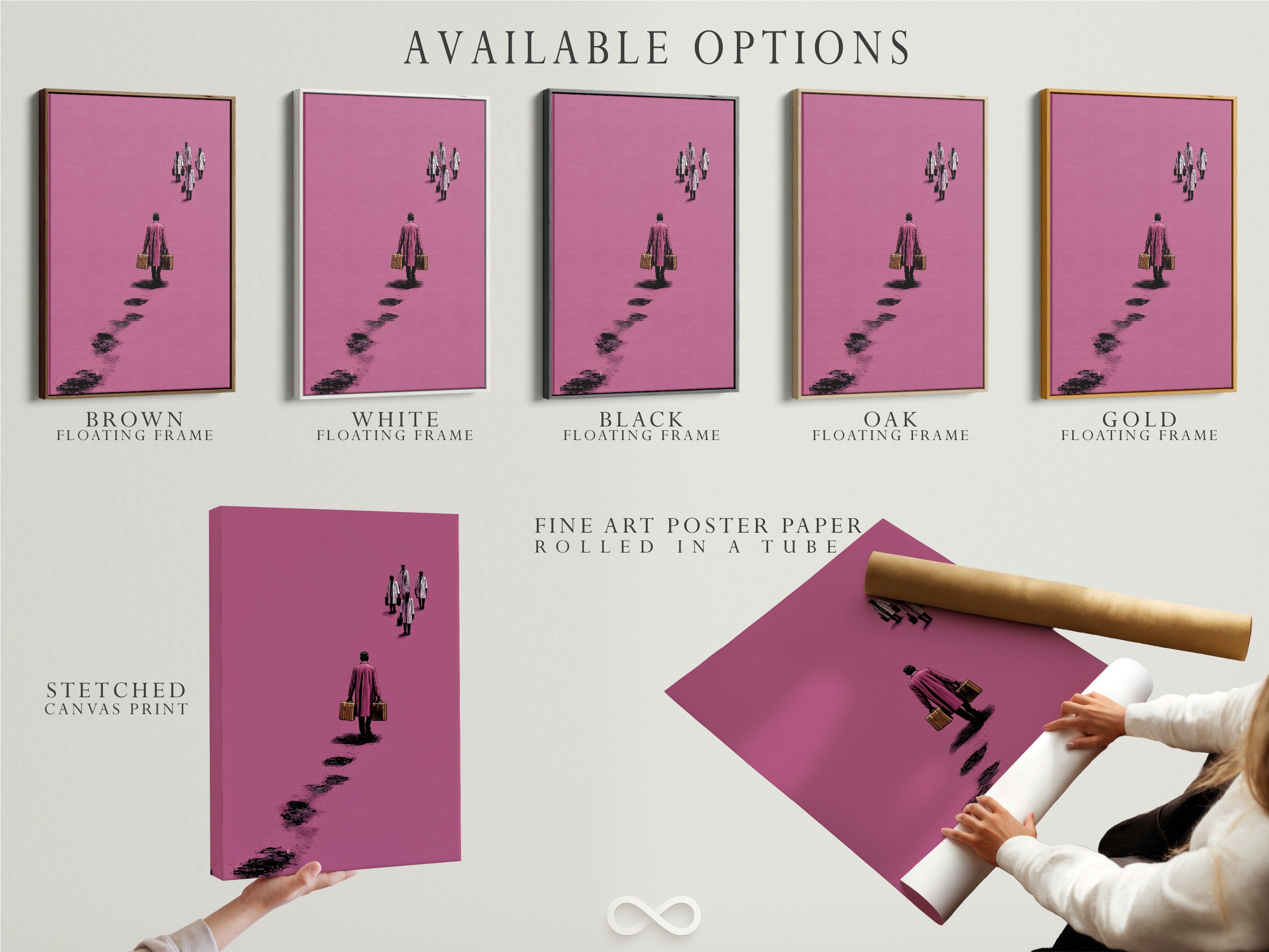 Available options for the surreal pink artwork are displayed. Choose between a stretched canvas print. A fine art poster paper is also available. A floating frame adds a touch of elegance. This minimalist artwork elevates any space.