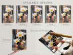Available options are displayed including a stretched canvas print fine art poster paper and a floating frame. Customize your daisy artwork to match your style. Select the perfect option for your modern botanical decor. Enhance your space with floral art.