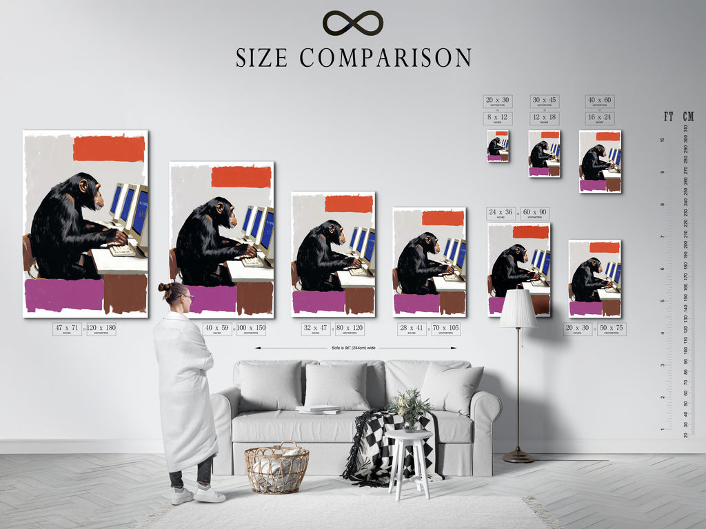 A size comparison chart displayed in an interior setting. See how the monkey computer art print fits in various spaces. This chart helps you visualize the perfect size for your office. The artwork features a humorous chimp at a computer. Choose the right size for your home office wall decor today.
