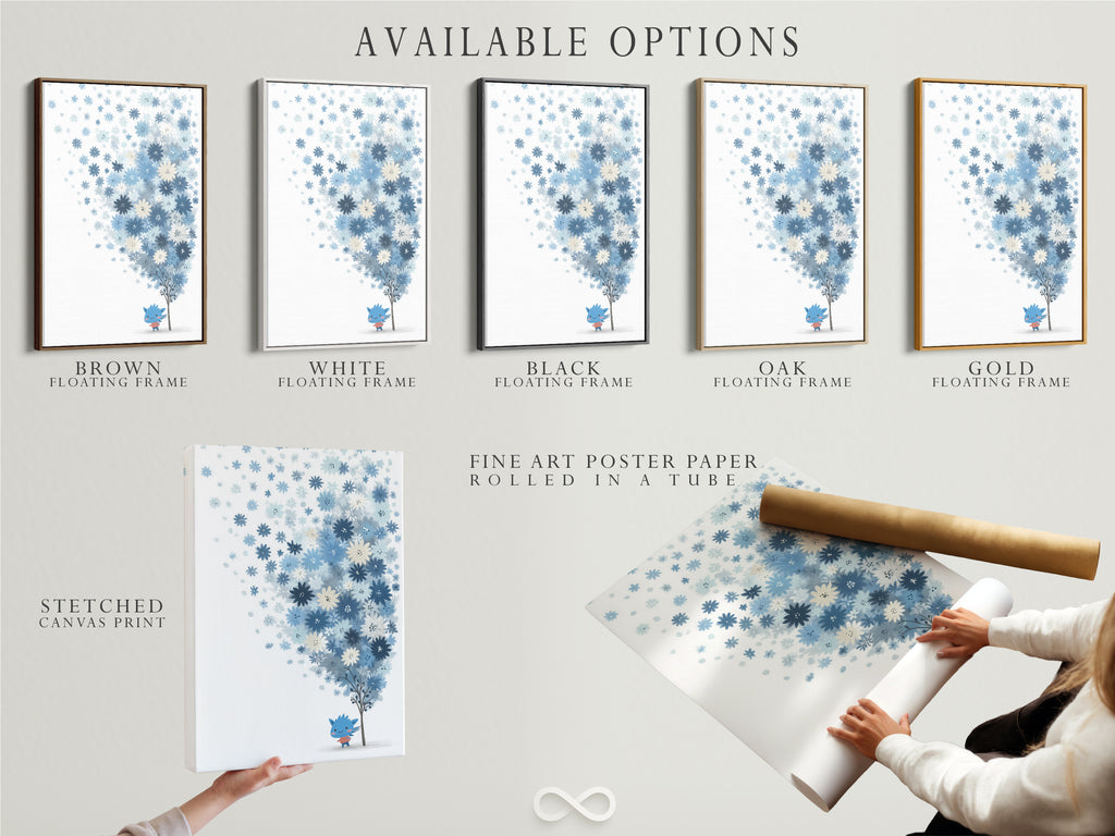Available options include a stretched canvas print fine art poster paper and floating frame. Choose the perfect presentation for this blue floral artwork. The pastel botanical art and whimsical flower tree art options suit any style. Ideal for nursery or kids room.