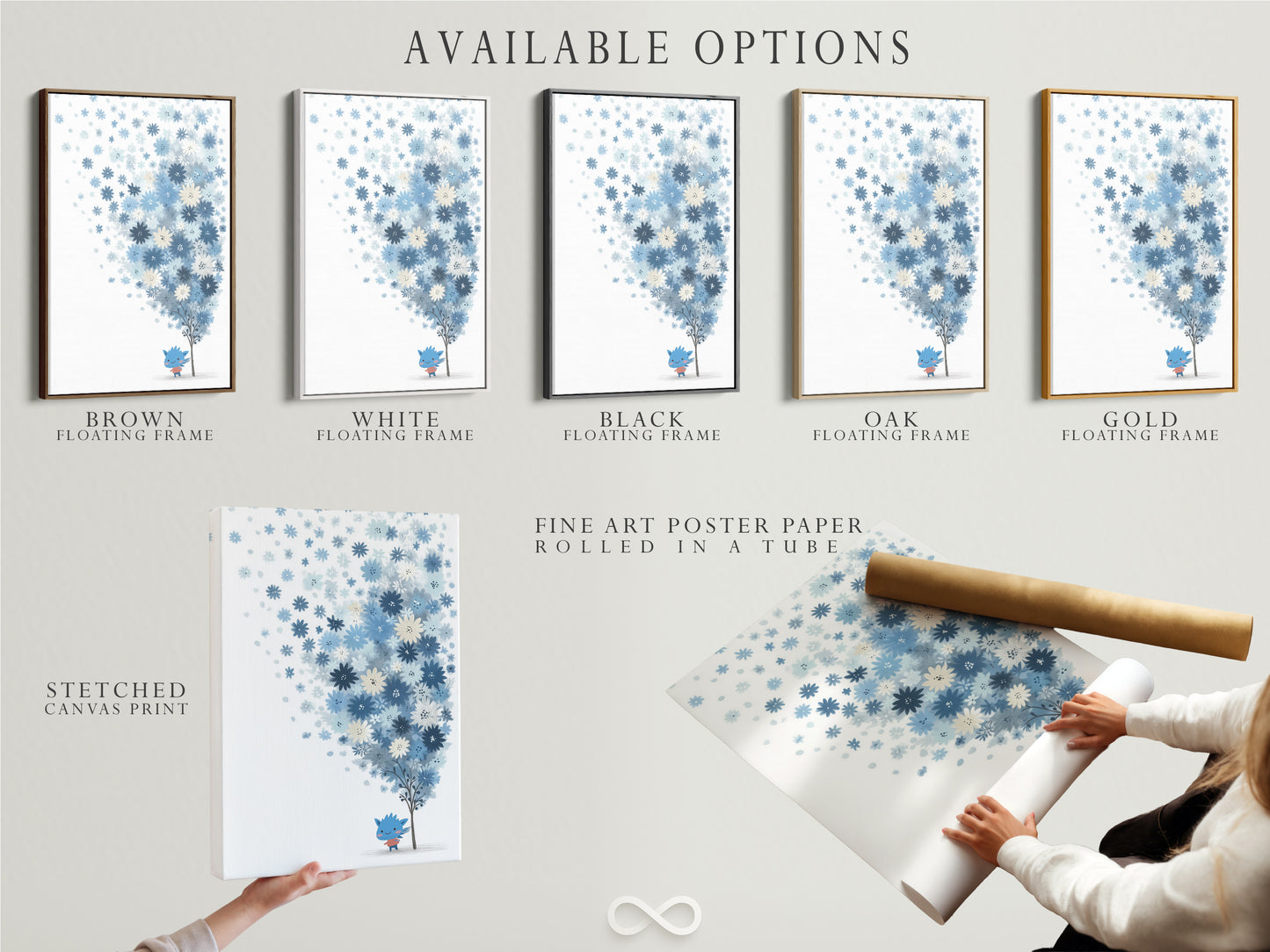 Available options include a stretched canvas print fine art poster paper and floating frame. Choose the perfect presentation for this blue floral artwork. The pastel botanical art and whimsical flower tree art options suit any style. Ideal for nursery or kids room.