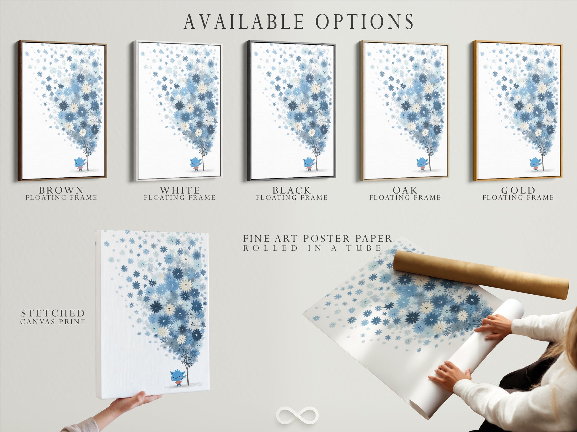 Available options include a stretched canvas print fine art poster paper and floating frame. Choose the perfect presentation for this blue floral artwork. The pastel botanical art and whimsical flower tree art options suit any style. Ideal for nursery or kids room.