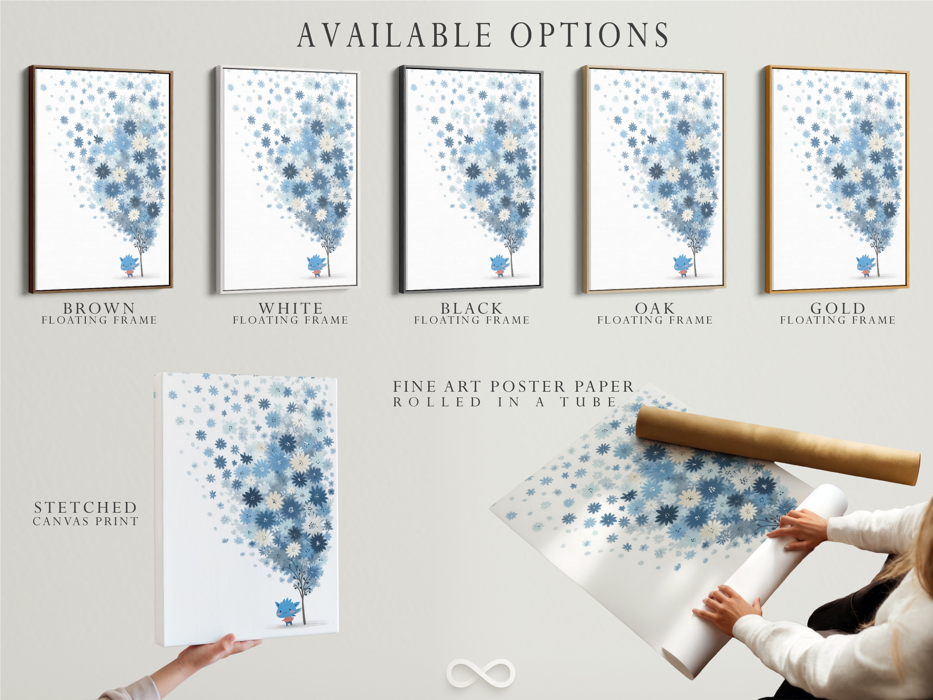 Available options include a stretched canvas print fine art poster paper and floating frame. Choose the perfect presentation for this blue floral artwork. The pastel botanical art and whimsical flower tree art options suit any style. Ideal for nursery or kids room.