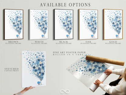 Available options include a stretched canvas print fine art poster paper and floating frame. Choose the perfect presentation for this blue floral artwork. The pastel botanical art and whimsical flower tree art options suit any style. Ideal for nursery or kids room.
