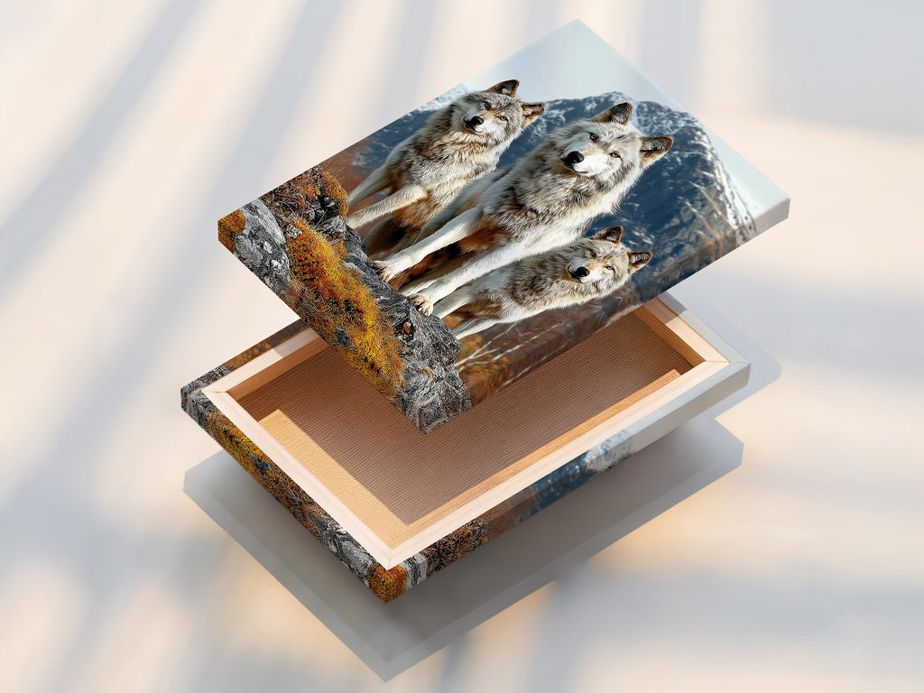 A stretched canvas print of the Wolf Pack artwork. The wildlife wall art is ready to hang. Its vibrant mountain landscape transforms any space. Perfect for cabin decor. It showcases detailed animal prints and rustic art appeal.