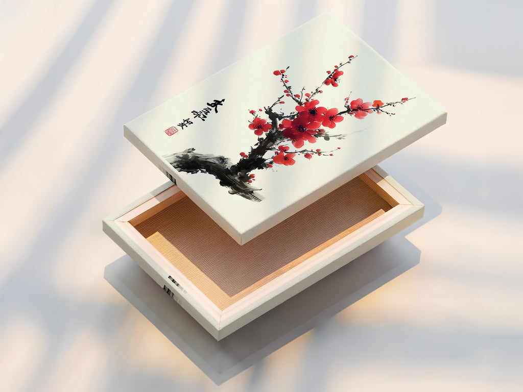 A stretched canvas print is displayed. The canvas is stretched perfectly to create a sleek look. This method ensures the artwork is ready to hang. It provides a gallery-quality appearance. A beautiful cherry blossom artwork is on the canvas.