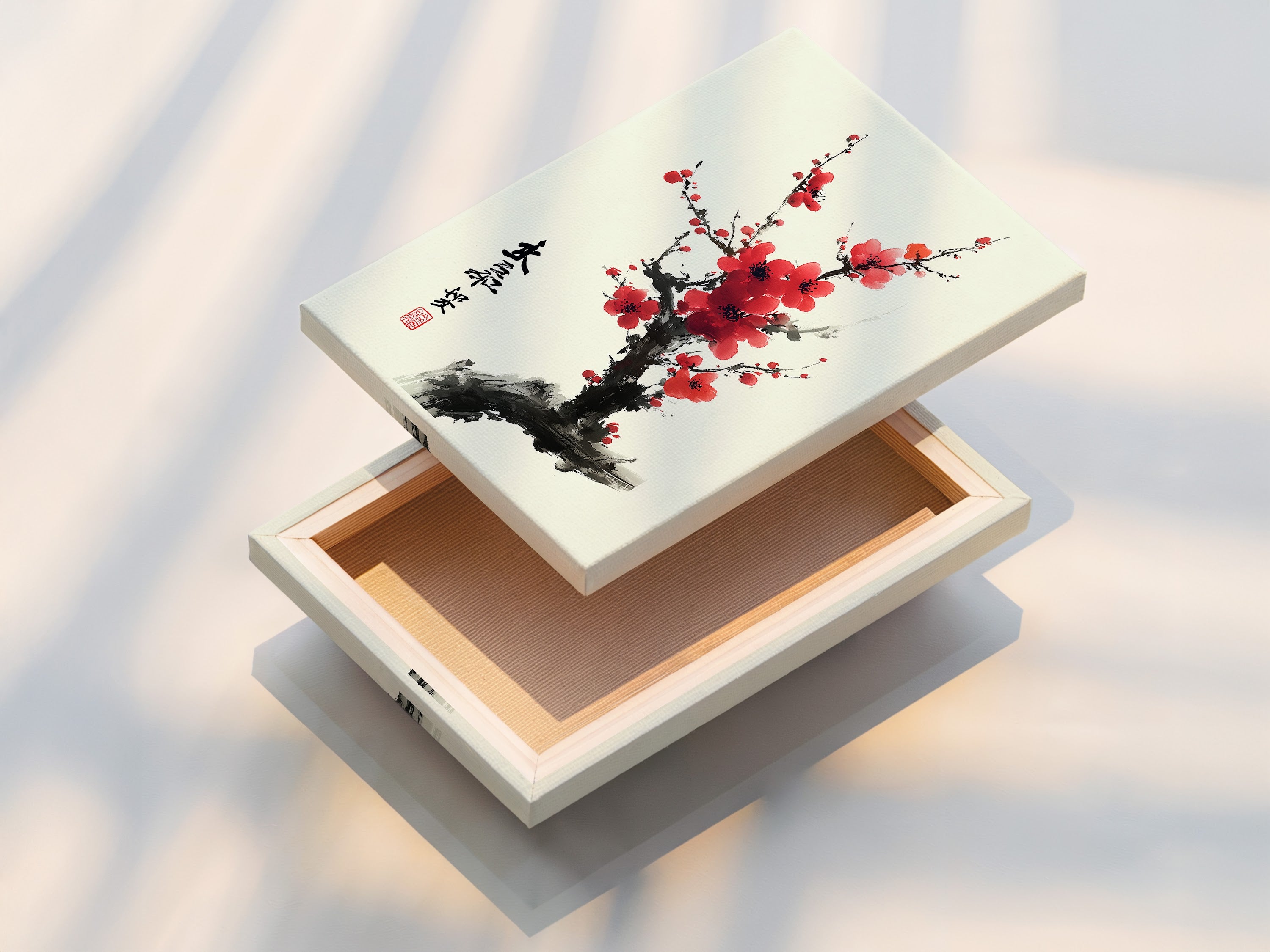 A stretched canvas print is displayed. The canvas is stretched perfectly to create a sleek look. This method ensures the artwork is ready to hang. It provides a gallery-quality appearance. A beautiful cherry blossom artwork is on the canvas.