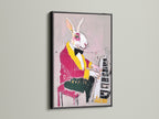 Enhance your decor with this Rabbit Pianist artwork in a black frame. A contemporary mixed media print featuring an animal musician. It's ideal for music teachers students and art lovers. This modern animal art offers artistic charm.