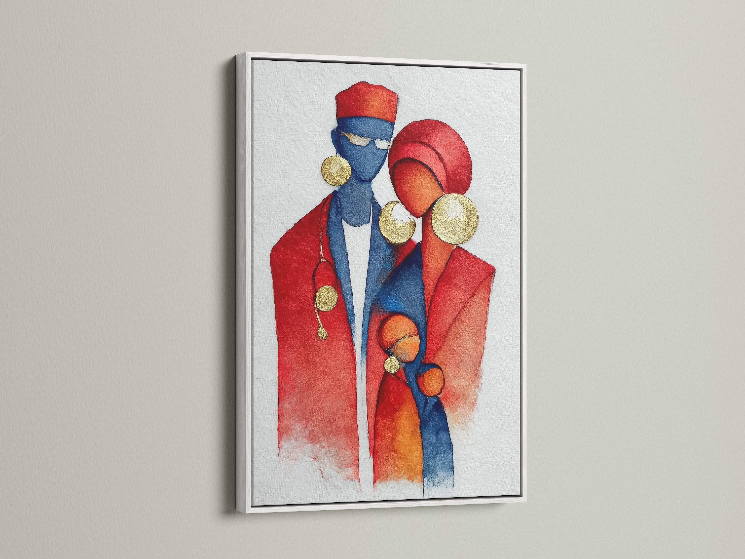 A white frame complements this watercolor print of an African family. The contemporary art piece features red and blue tones. It is ideal for office wall art or home decor. The cultural heritage canvas adds a modern touch. Perfect for any space.