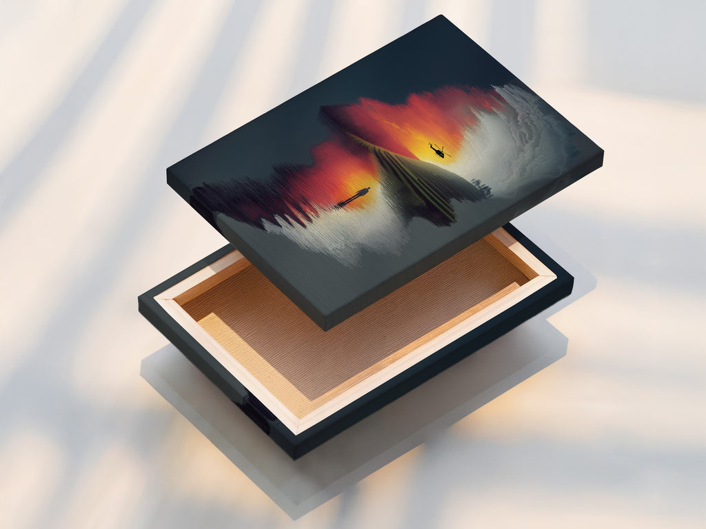 This stretched canvas print displays a surreal landscape artwork. The sunset reflection adds warmth and depth. This ready-to-hang canvas print is perfect for modern wall decor. Great for homeowners renters and business owners seeking elevated art