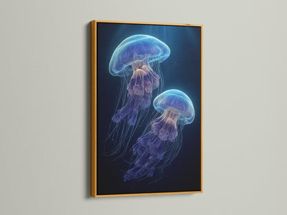 See jellyfish artwork with a gold frame. The gold frame adds a touch of luxury. This artwork makes a stunning focal point. Ideal for adding elegance to any room. The gold frame complements the art's colors. Shop framed art today.