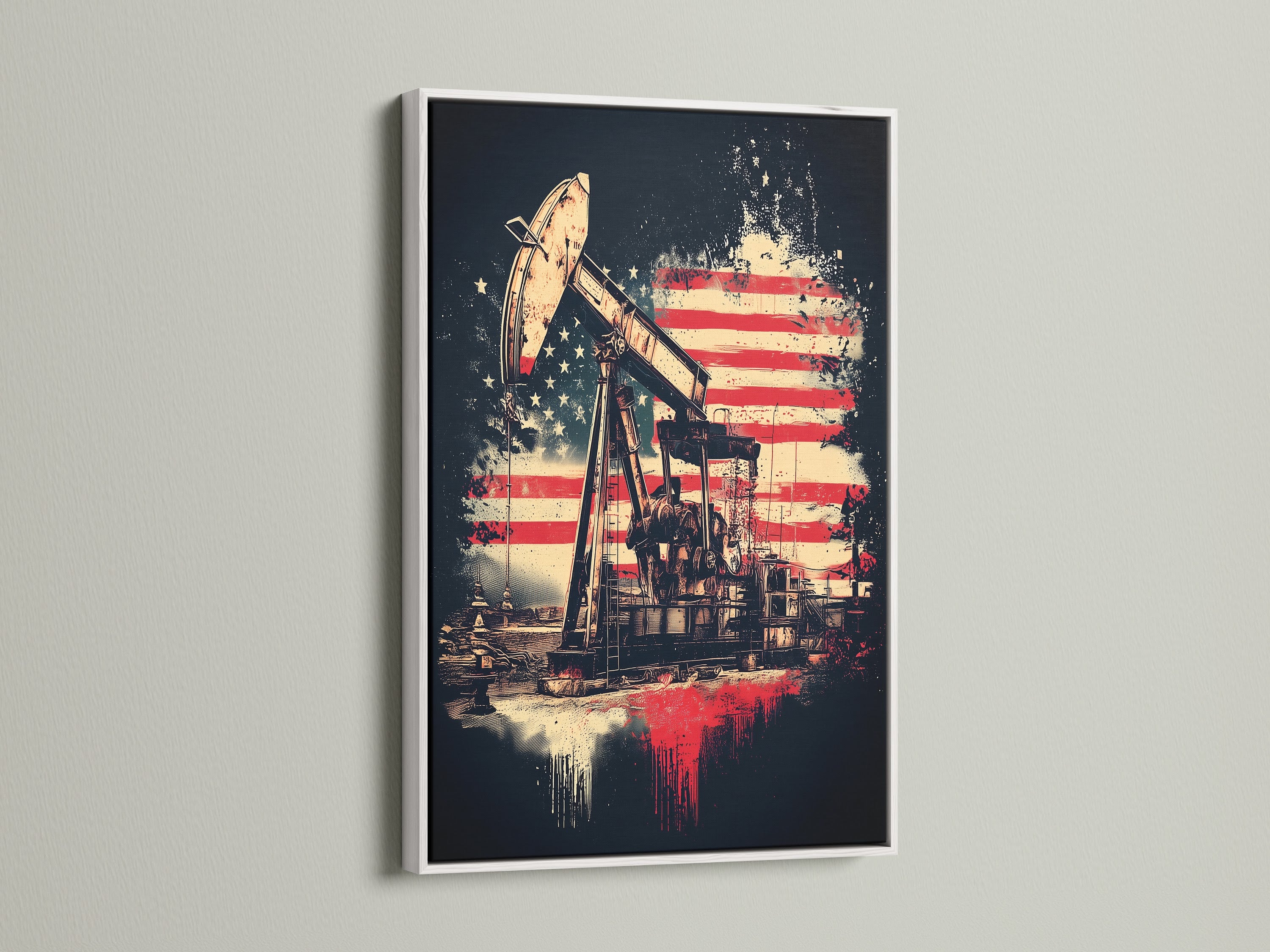Showcasing an Oil Rig Canvas Print with an American Flag theme in a white frame. This patriotic artwork brings an industrial edge to any room. Perfect for adding character to your Office Wall Decor or as a statement piece in a themed bar. Explore our USA Artwork today!