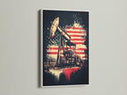 Oil Rig Canvas Print with an American Flag backdrop in a white frame. This patriotic print is ideal for adding industrial decor to your office. Great man cave art with a vintage style and Americana decor. A perfect patriotic gift for those in the energy industry. Showcases grunge art.