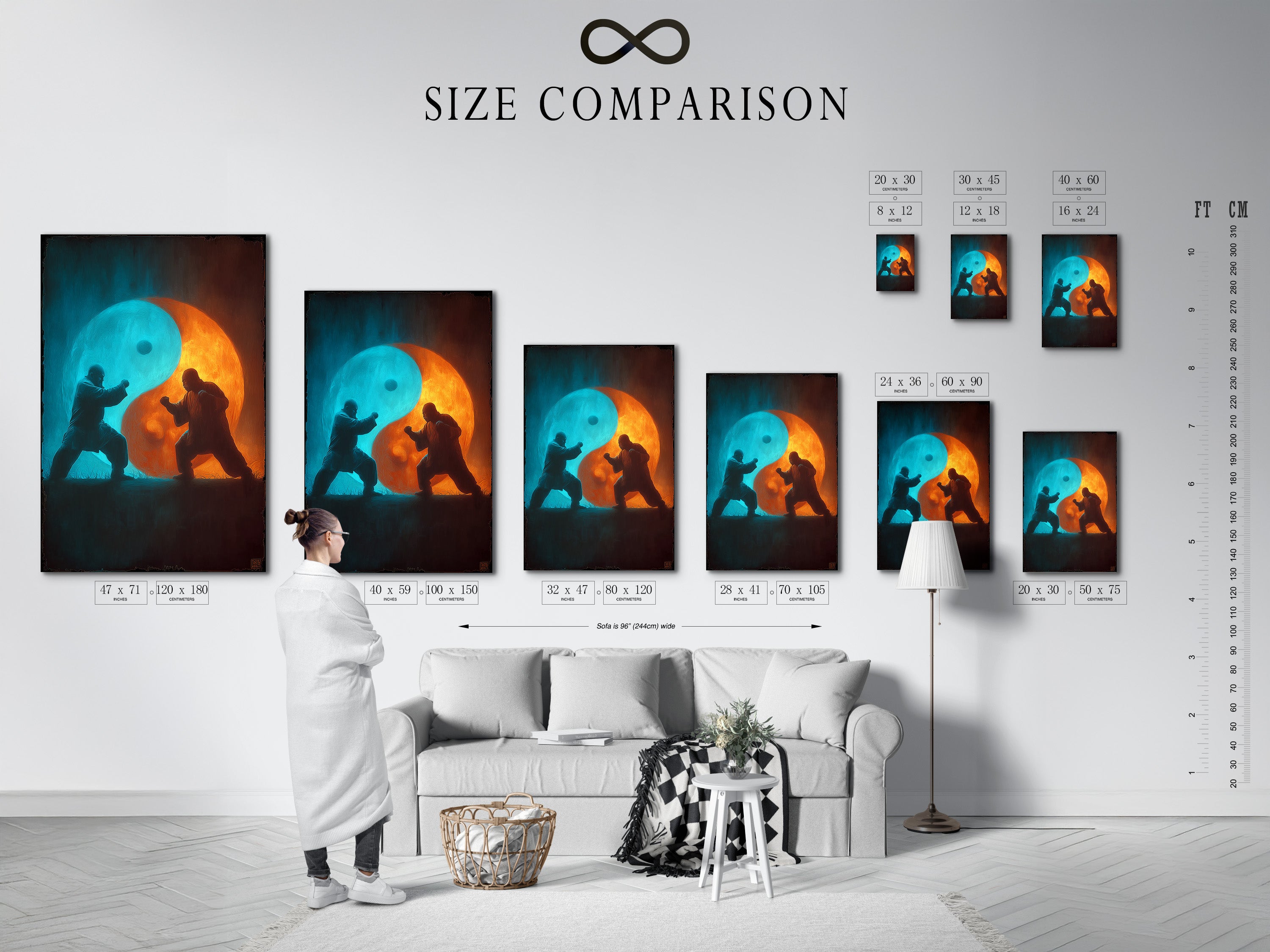 A size comparison chart displayed in an interior setting. Visualize how different art sizes will look in your home. Get a better understanding of scale and impact. Choose the perfect size for your space.