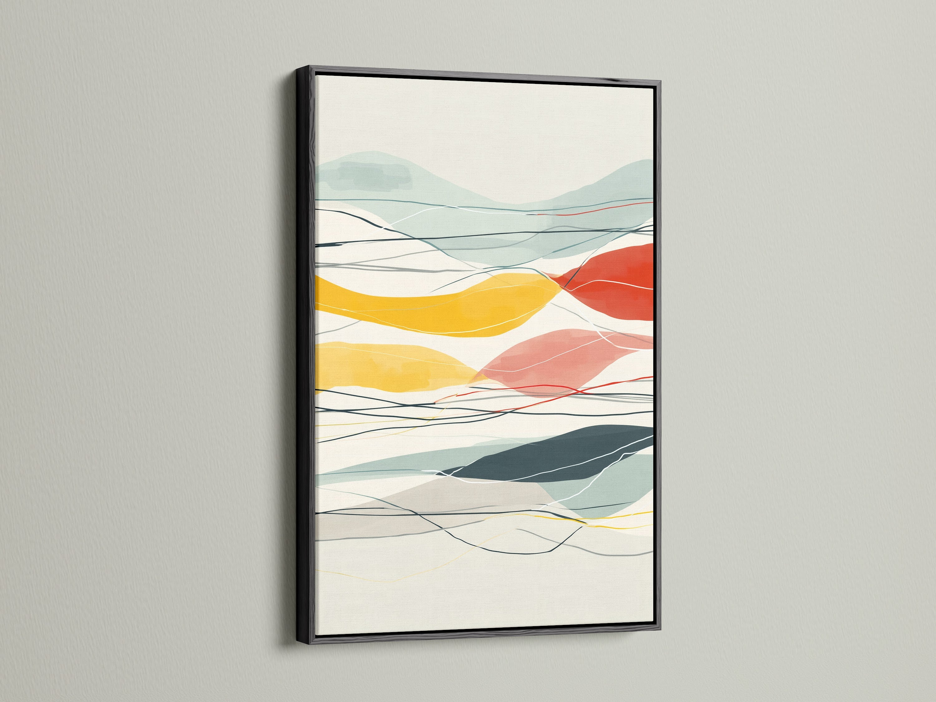 Abstract Mountain artwork in a black frame. The artwork features a colorful landscape. This modern geometric art is perfect for office decor. It will enhance any living room or bedroom. This artwork will complement minimalist and Scandinavian aesthetics. Consider it for a studio.