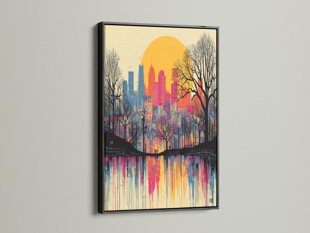 This City Skyline Canvas Print is displayed in a black frame. The urban wall art features a sunset and a colorful drip paint style. This modern cityscape adds a touch of contemporary art to any space. It will enhance your decor.
