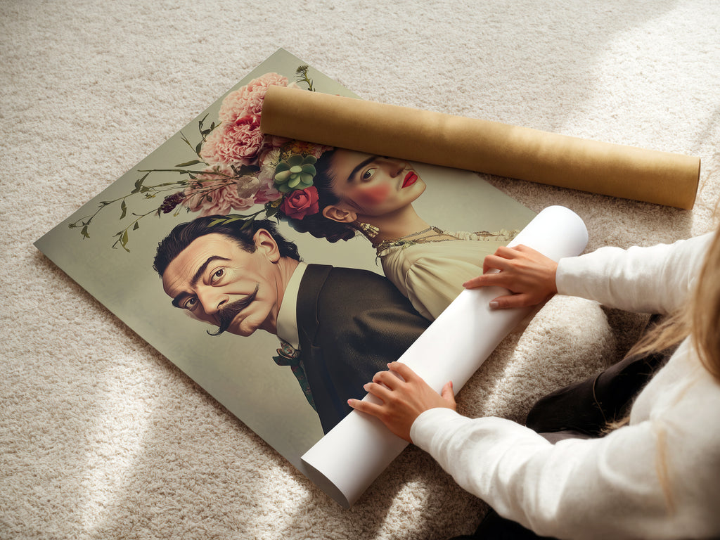 Woman carefully rolling a fine art poster paper print. The vintage portrait art is ready for framing. This floral crown artwork is perfect for home decor. Collectors and renters alike will enjoy this.