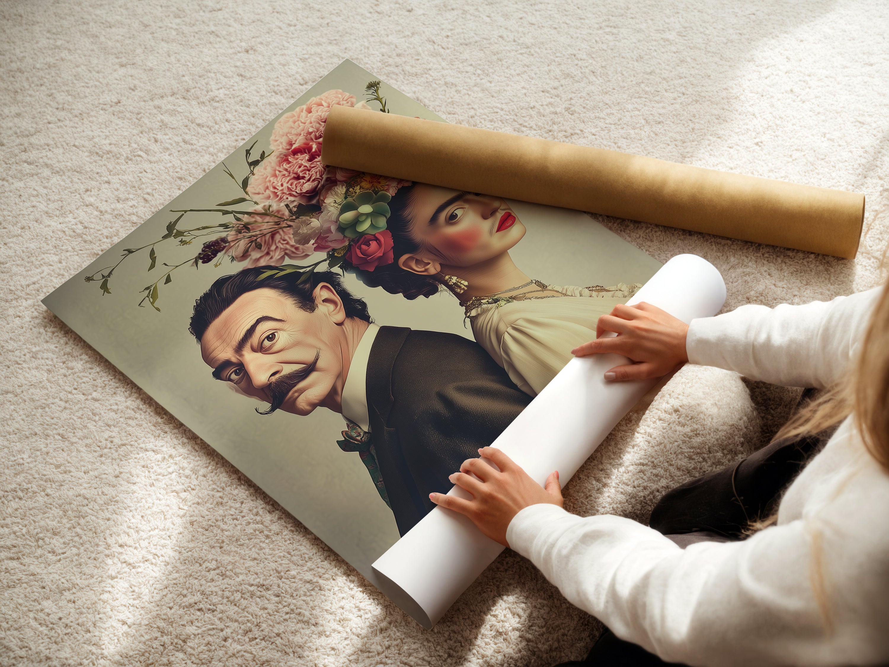 Woman carefully rolling a fine art poster paper print. The vintage portrait art is ready for framing. This floral crown artwork is perfect for home decor. Collectors and renters alike will enjoy this.