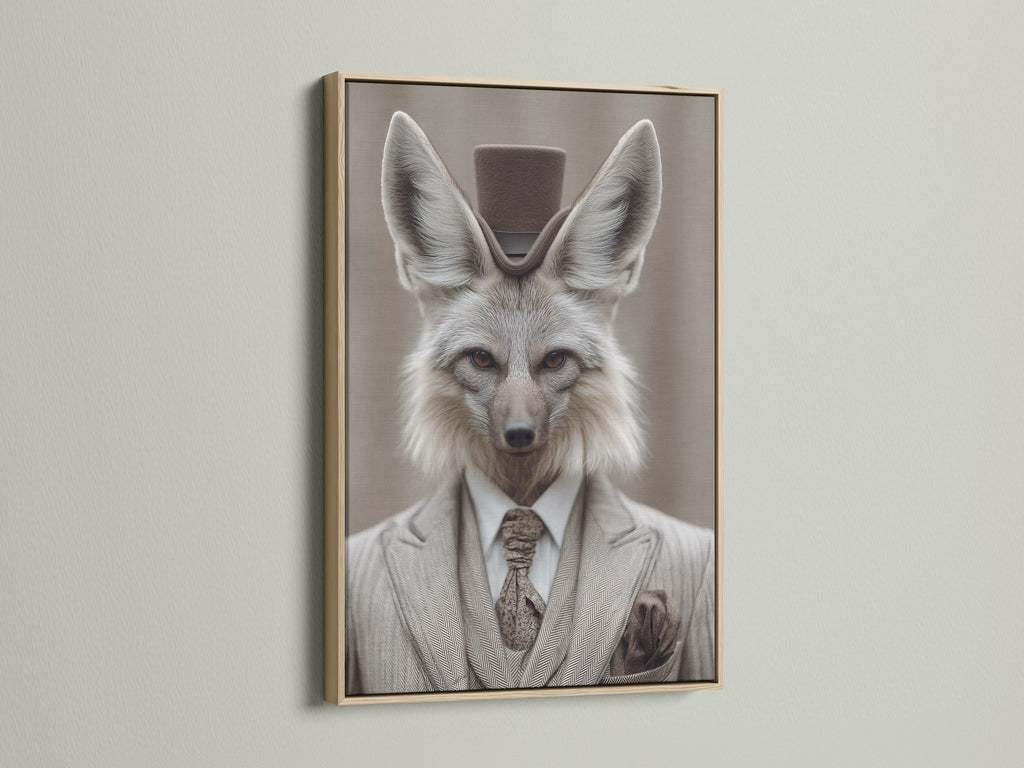 Fox Gentleman Canvas Print with an oak frame. This dapper animal wall artwork adds a touch of Victorian style to any study room. This artwork features a fox in a suit and top hat. The oak frame enhances the artwork's vintage charm. It is ideal for professionals academics and those with a fondness for unique decor.