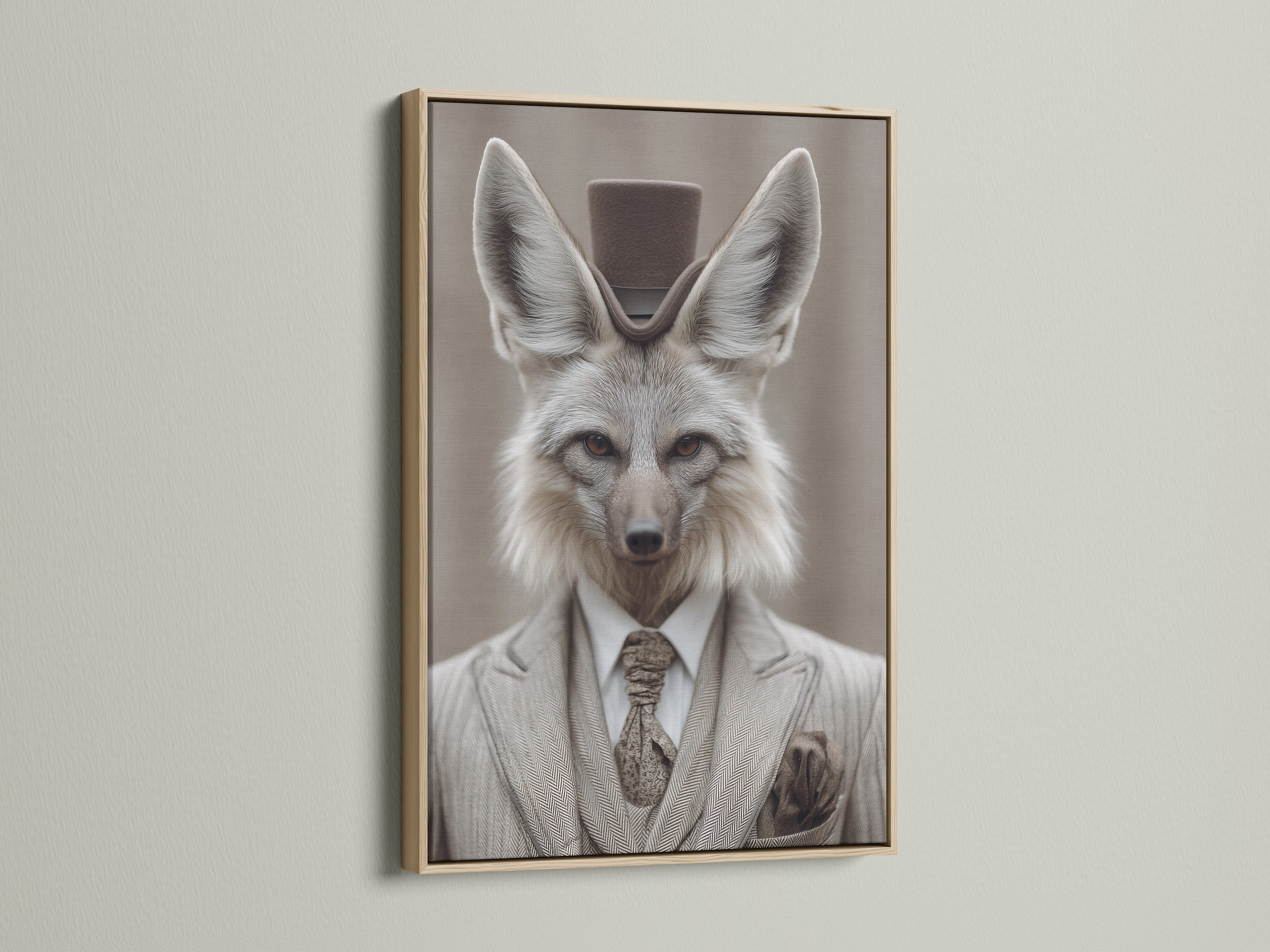 Fox Gentleman Canvas Print with an oak frame. This dapper animal wall artwork adds a touch of Victorian style to any study room. This artwork features a fox in a suit and top hat. The oak frame enhances the artwork's vintage charm. It is ideal for professionals academics and those with a fondness for unique decor.