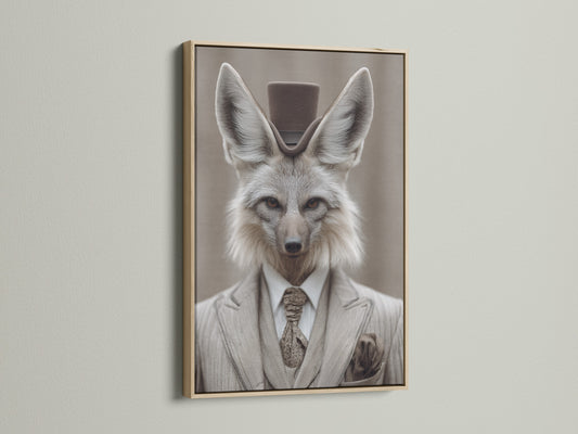 Fox Gentleman Canvas Print with an oak frame. This dapper animal wall artwork adds a touch of Victorian style to any study room. This artwork features a fox in a suit and top hat. The oak frame enhances the artwork's vintage charm. It is ideal for professionals academics and those with a fondness for unique decor.