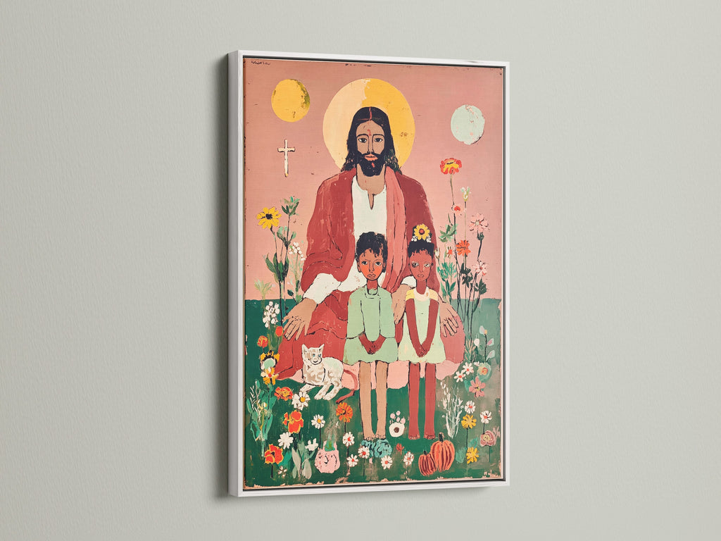 Christian Art Print showcasing Jesus Christ with two children. This religious canvas is set in a clean white frame. The folk art print brings faith based art to nurseries and kids' rooms. A beautiful piece of spiritual wall art.