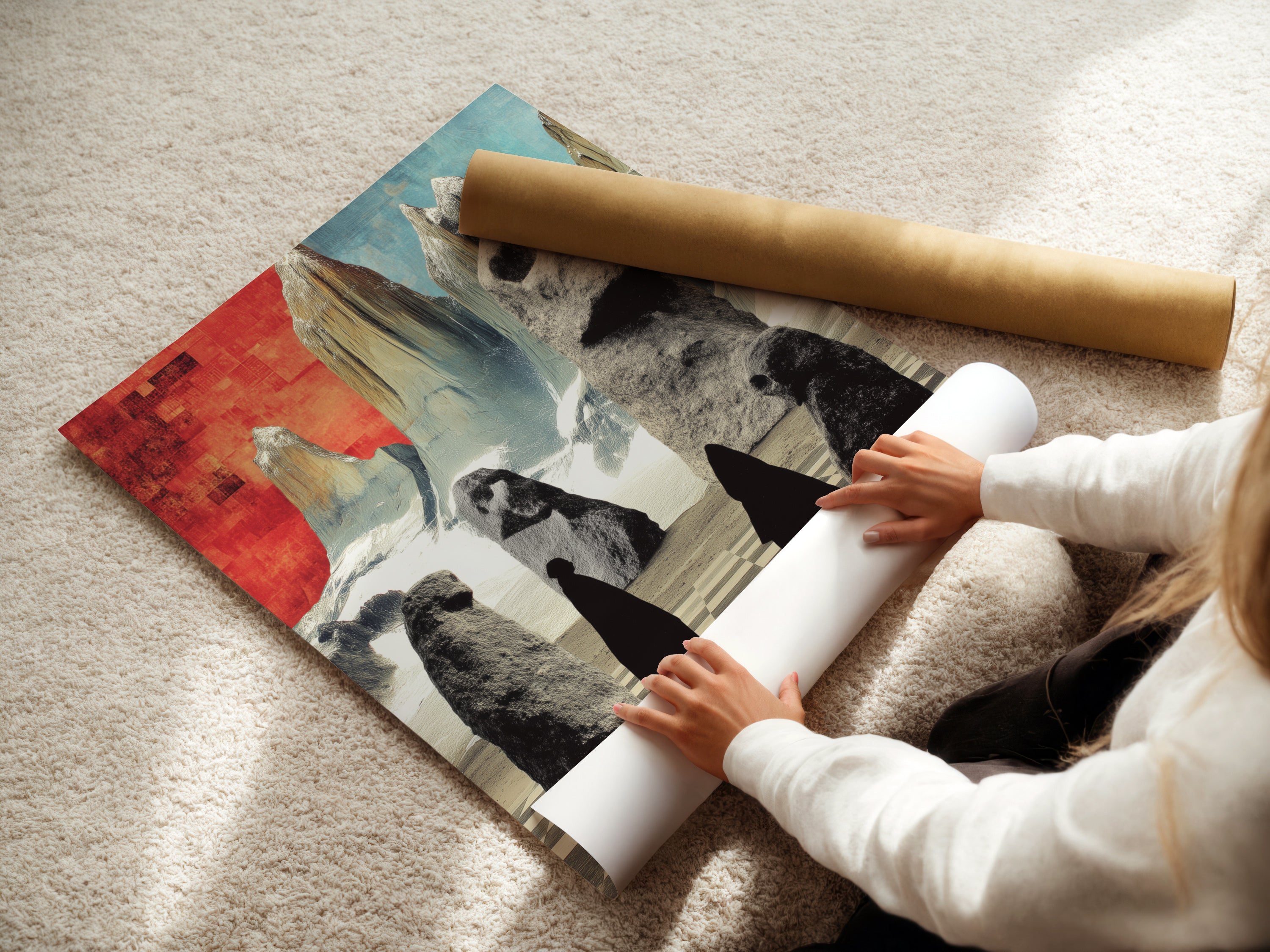 A woman is carefully rolling a fine art poster paper print. This high-quality print features a surreal stone figures art. The abstract landscape artwork is perfect for any art lover. It is ideal for modern wall decor.