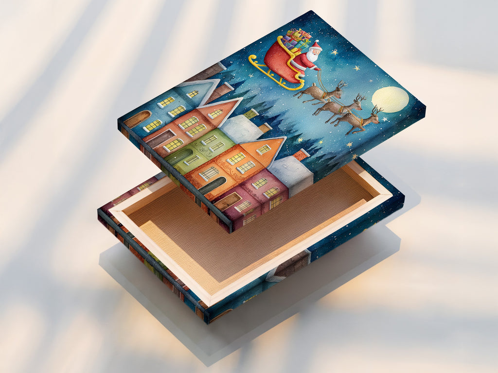 A stretched canvas print of Santa's Flight artwork. This Christmas Eve wall art brings a festive touch to any room. The stretched canvas print creates a vibrant and immersive holiday scene. Perfect for kids' rooms or adding a whimsical touch to your home decor.