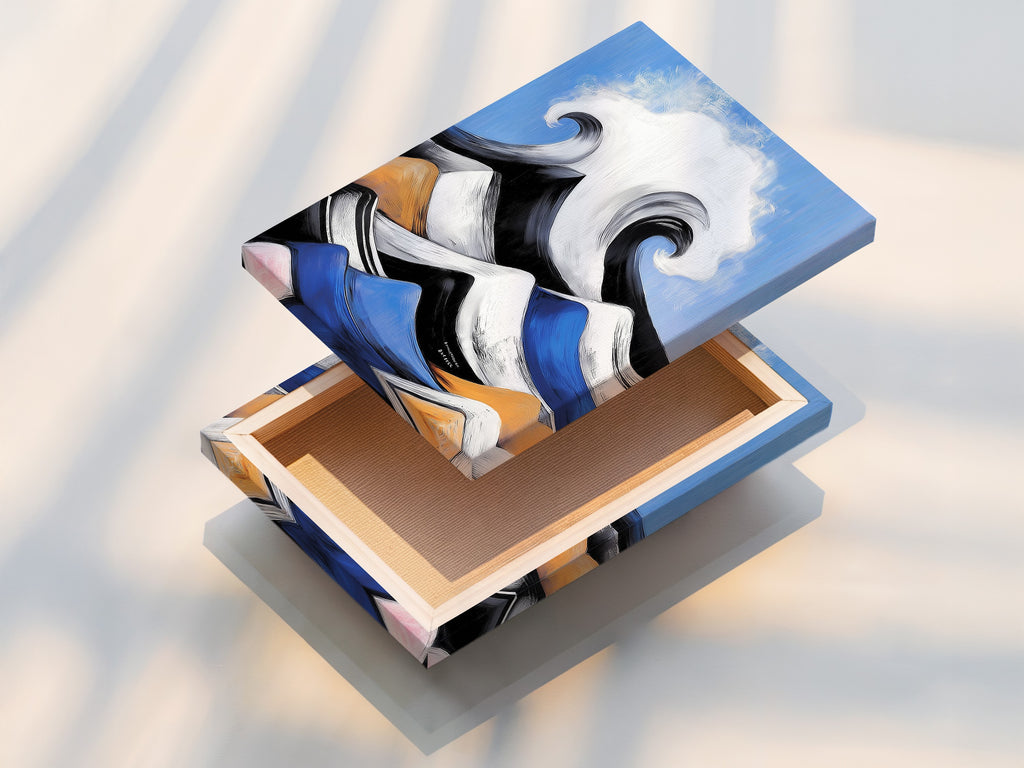 A stretched canvas print showcases the ocean wave artwork. The abstract seascape features stunning detail. The blue and orange tones create a vibrant piece. Ready to hang this modern ocean art to enjoy.