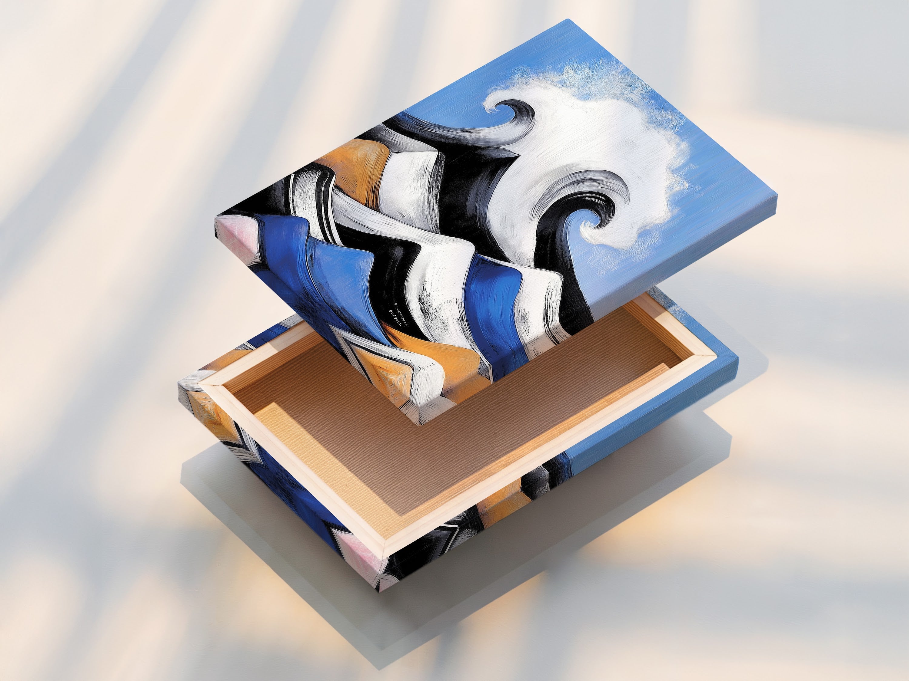 A stretched canvas print showcases the ocean wave artwork. The abstract seascape features stunning detail. The blue and orange tones create a vibrant piece. Ready to hang this modern ocean art to enjoy.